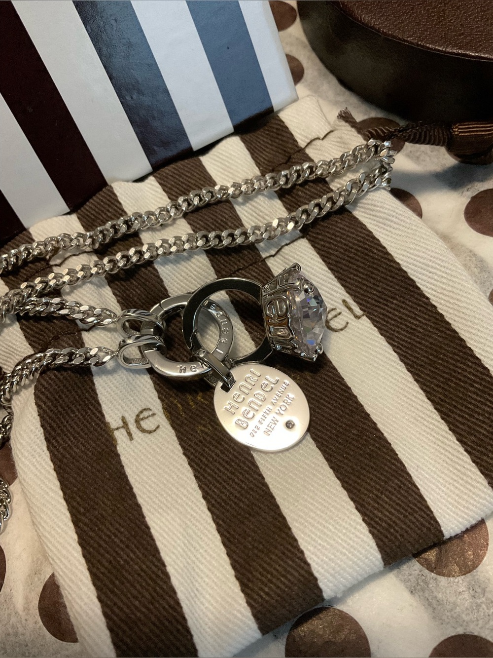 Henri Bendel Influencer Necklace with Ring Charm and HB Tag Charm + Box & Duster